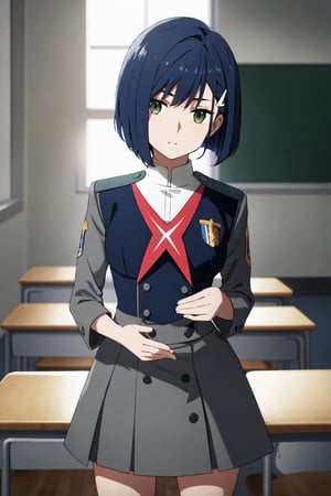 masterpiece, best quality, absurdres,  Ichigo, green eyes, hairclip, 5_figner , uniform, military uniform, grey skirt, grey dress, ,beautiful poses, BREAK School, classroom, school chair, school desk, sharp focus, (perfect anatomy), cowboy shot, [Cinematic lighting|Volumetric Lighting], looking at viewer, 5_fignered,, good poses