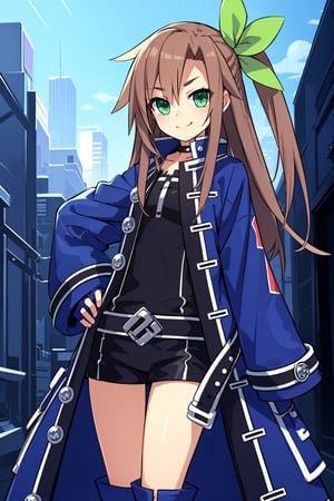 Masterpiece, Best quality, 4k resolution, beautiful eyes, Cyberpunk city, daytime, blue skies, IF, 1girl, boots, green eyes, solo, long hair, brown hair, full body, blue coat, hair between eyes, knee boots, hand on hip, blue footwear, standing, looking at viewer, long sleeves, white background, coat, closed mouth, jacket, sleeves past wrists, hair ribbon, ribbon, outdoors, choker, hair bow, smile, dress, green ribbon, bangs, bow, gloves, hair ornament, one side up, open clothes, black shorts, eyebrows visible through hair, open coat, cowboy_shot, at park, outdoors