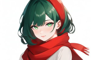 A 20-year-old girl with green and blue eyes with a red scarf, white background, simple cartoon, 2D, full view