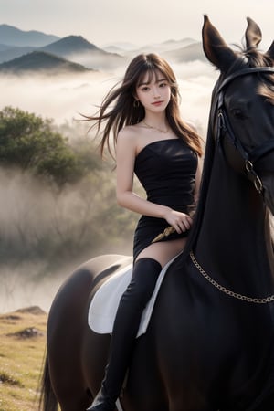 32K, 8K, panorama, realistic, full body photo, photo realistic: 1.9), 1 girl, deepv dress, short skirt, black stockings, riding a black horse walking on the top of a misty mountain, {beautiful and delicate eyes }, dark eyes, calm expression, exquisite facial features, attractive figure, (dark hair: 1.2), long golden smooth hair, bangs, simple small necklace, simple small earrings, fine lines, real hands , masterpiece, best quality, realistic, super detailed, delicate, high resolution, perfect dynamic composition, beautiful detailed eyes, smiling eyes, ((nervous and embarrassing),
