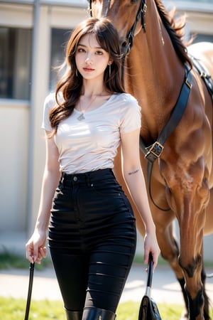 32K, 8K, panoramic, realistic, long lens, (full body photo), photo realistic: 1.9), 1 girl, wearing a white T-shirt on the upper body, jeggings and riding boots on the lower body, riding on a black horse, on a flat Grass, holding a riding crop in one hand and holding the reins in the other, {beautiful and delicate eyes}, dark eyes, calm expression, exquisite facial features, ((model pose)), attractive body shape, (dark hair: 1.2) , long blond hair, curly hair, bangs, simple small necklace, simple small earrings, thin grain, real hand, masterpiece, best quality, realistic, super detailed, fine, high resolution, perfect dynamic composition, beautiful and detailed Eyes, eyes smile, ((nervous and embarrassed)
