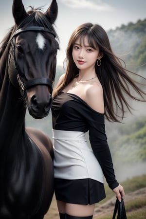 32K, 8K, panorama, realistic, full body photo, photo realistic: 1.9), 1 girl, deepv dress, short skirt, black stockings, riding a black horse walking on the top of a misty mountain, {beautiful and delicate eyes }, dark eyes, calm expression, exquisite facial features, attractive figure, (dark hair: 1.2), long golden smooth hair, bangs, simple small necklace, simple small earrings, fine lines, real hands , masterpiece, best quality, realistic, super detailed, delicate, high resolution, perfect dynamic composition, beautiful detailed eyes, smiling eyes, ((nervous and embarrassing),
