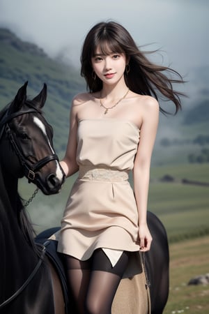 32K, 8K, panorama, realistic, full body photo, photo realistic: 1.9), 1 girl, deepv dress, short skirt, black stockings, riding a black horse walking on the top of a misty mountain, {beautiful and delicate eyes }, dark eyes, calm expression, exquisite facial features, attractive figure, (dark hair: 1.2), long golden smooth hair, bangs, simple small necklace, simple small earrings, fine lines, real hands , masterpiece, best quality, realistic, super detailed, delicate, high resolution, perfect dynamic composition, beautiful detailed eyes, smiling eyes, ((nervous and embarrassing),
