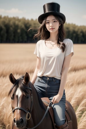 32K, 8K, panoramic, realistic, long lens, (full body shot 1.5), photo realism: 1.9), 1 girl, wearing a white T-shirt on the upper body, jeggings on the lower body, wearing a top hat, riding boots, riding a black horse on the flat grass, holding a riding crop in one hand, {beautiful and delicate eyes}, dark eyes, calm expression, exquisite facial features, ((model pose)), attractive body shape, (dark hair: 1.2 ), very long hair, hip-length hair, curly hair, bangs, simple small necklace, simple small earrings, thin grain, real hand, masterpiece, best quality, realistic, super detailed, fine, high resolution, perfect dynamic composition, beautiful and detailed eyes, smiling eyes, ((nervous and embarrassed)

