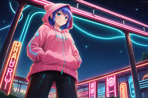ASCII 8K, score_9, score_8_up, score_8,roller coaster,theme_park,dawn,wide_shot,science fiction,night,neon light,neon,LED,from below,growing_light,1girl,starry sky,animal costume,hood up,hoodie, showing TA1year,nlgtstyle