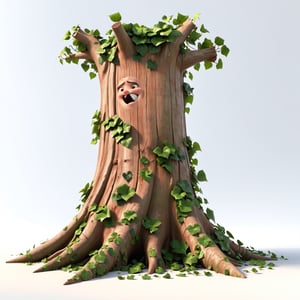 giant tree trunk covered in ivy, side view, 3d model, 8k, 100%white backroun, multiple poses and expressions , disney pixar style