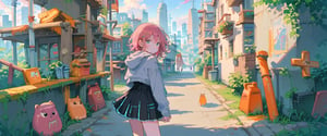 score_9,score_8_up,score_7_up,source_anime, 1girl, solo, blue eyes, Gray hoodie, pink hair, black skirt, outdoor, city, road, colorful, Nira-Chan