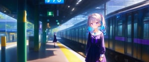 (score_9,score_8_up,score_7_up), 1girl, grey hair, multicolored hair, blue hair, purple eyes, hair ornament, colored inner hair, black serafuku, twintails, flat chest, dress, cowboy shot, thigh, train station, train, outdoor Station,scenery