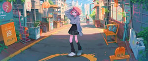 score_9,score_8_up,score_7_up,source_anime, 1girl, solo, blue eyes, Gray hoodie, pink hair, black skirt, outdoor, city, road, colorful, Nira-Chan