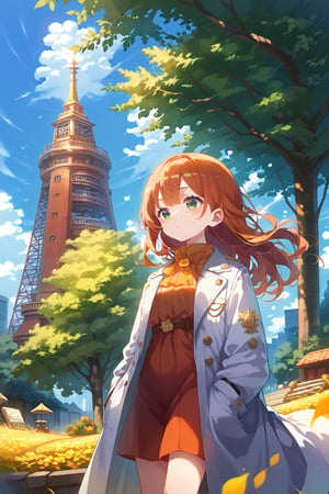 score_9, score_8_up, score_7_up, source_anime, sunny day, goldenhour, bold lines flat color shaded, anime manga illustration, white coat, medium redhead girl leaning on a tree, distant Tokyo Tower in background, sky is flat gray color
