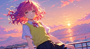 score_9, score_8_up, score_7_up, 1girl, solo, yellow pupils, vtkaf, sweater vest, white shirt, neck ribbon, short sleeves, black skirt, (colorful:1.2), ((yumekawa,yumekawaii)),pastel colors, outdoor, sunset