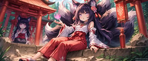 score_9, score_8_up, score_7_up, masterpiece, source anime, BREAK, 1girl, solo, miko, detached sleeves, hakama skirt, necklace, fox ears, kitsune, multiple tails, fox tails,glowing eyes, blush, idol pose, shrine,femdom, solo_focus, thick thighs, goth, purple eyes, toned,dark skin
,glass,Reagan Long