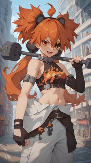 score_9,score_8_up,score_7_up,score_6_up,>, koleda, orange eyes, (eyepatch:1.1), orange hair, ahoge, long hair, two-side up, low twintails, black bobbles, hair bobbles, fake animal ears, metal collar, flame effect, crop top, sleeveless, flame print, asymmetrical gloves, fingerless gloves, jumpsuit around waist, loose belt, belt pouch, white pants, metal armbands, single elbow glove, sharp teeth, open mouth, crazy smile, (Giant Hammer:1.2), weapon over shoulder, holding weapon, (neon:1.2), city, horizon building, (electronic display:1.2), outdoors