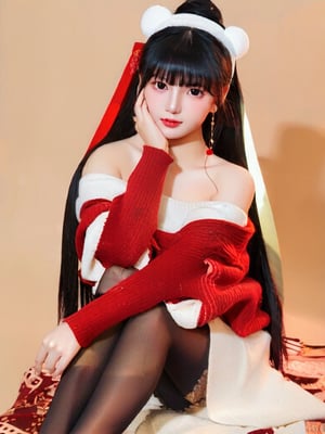 1girl, solo, long hair, looking at viewer, bangs, simple background, black hair, black eyes, long sleeves, dress, bare shoulders, jewelry, sitting, closed mouth, pantyhose, sidelocks, hairband, earrings, off shoulder, sweater, lips, gradient, black pantyhose, gradient background, feet out of frame, crossed legs, hand on own face, brown background, head rest, white hairband, realistic, off-shoulder dress, sweater dress, off-shoulder sweater, red sweater, gold earrings, yor briar