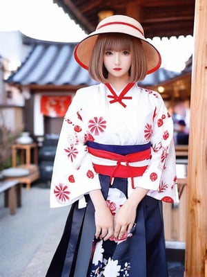 1girl, solo, looking at viewer, short hair, bangs, skirt, long sleeves, hat, closed mouth, standing, monochrome, greyscale, outdoors, japanese clothes, choker, wide sleeves, medium hair, kimono