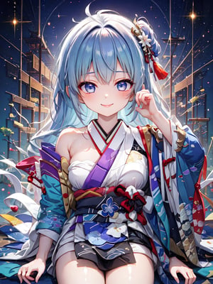 very dark nightly closeup of a hot beautiful anime girl smiling, in japan, pastel rainbow hair, ambient light, realistic textures, clear shadows, sparkling, glistening, fantastical