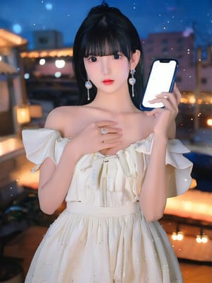 1girl, solo, black hair, dress, jewelry, earrings, night, phone, realistic