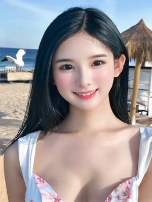 1girl, solo, long hair, breasts, looking at viewer, smile, black hair, dress, cleavage, closed mouth, upper body, outdoors, day, black eyes, lips, bird, ocean, beach, realistic