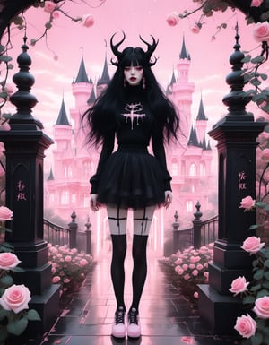 Albino demon girl standing (long black hair: 1.3), walking through pink rose bushes and a black castle in the distance, wearing a pink turtleneck sweater with (tulle skirt: 1.2), braces, chewing gum, winking, (long and intricate horns: 1.2), sneakers and socks, emitting gold light