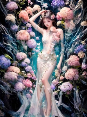 1girl,solo,Transparent glass female cyborg, fractal pattern Flowers, Skeleton and organs made of vibrant flowers. Mechanical joints visible. Heart of roses, lungs of hydrangeas, brain of orchids. Flowers spilling from slight cracks. Soft backlighting emphasizing transparency. Elegant pose. Simple futuristic background. Photorealistic style with high detail on glass and floral elements,Clear Glass Skin