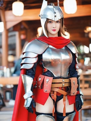 1girl, solo, gloves, standing, belt, cape, armor, blurry, blurry background, helmet, shoulder armor, gauntlets, pauldrons, breastplate, red cape, full armor