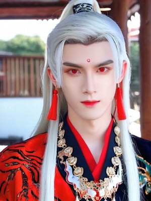 solo, long hair, looking at viewer, black hair, red eyes, 1boy, jewelry, closed mouth, upper body, white hair, male focus, multicolored hair, earrings, two-tone hair, heterochromia, expressionless, chinese clothes, white eyes, bishounen