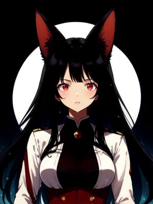 Beautiful girl, fox ears. She is very badass, black hair, red eyes, she wears a very luxurious outfit. Upper body, detailed image, detailed skin, looking at viewer. Walking, ((masterpiece: 1.2)), light particles, ink droplets in background, Anime style.