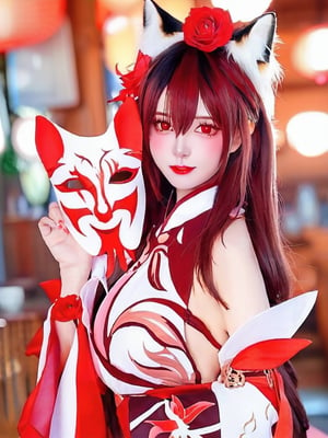 1girl, solo, long hair, looking at viewer, bangs, brown hair, black hair, hair ornament, red eyes, gloves, holding, animal ears, hair between eyes, closed mouth, upper body, flower, red hair, multicolored hair, detached sleeves, virtual youtuber, hair flower, blurry, lips, animal ear fluff, hands up, fox ears, mask, rose, red flower, red gloves, red rose, mask on head, fox mask, holding mask