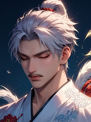 Captured from a high-angle perspective on a digital art piece. The main focus is a Chinese figure, adorned with a white robe and intricate designs. The figure's face is adorned with white feathers and a black mustache. His eyes are closed, and he has a serious expression on his face. His hair is styled in a wavy pattern, adding a touch of beauty to the scene. The background is a mix of white and black, with a hint of red accents, adding depth to the composition.