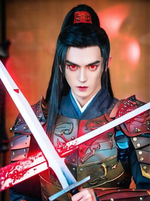 solo, long hair, looking at viewer, black hair, red eyes, 1boy, upper body, ponytail, weapon, male focus, sword, armor, blood, glowing, glowing eyes