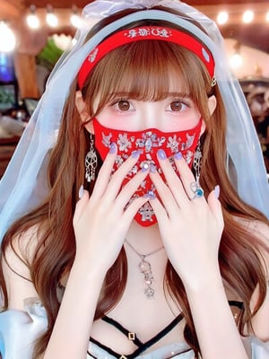 1girl, solo, looking at viewer, bangs, brown hair, brown eyes, jewelry, earrings, hand up, hood, necklace, fingernails, eyelashes, mask, ring, gem, veil, hood up, mouth mask, covered mouth, mouth veil