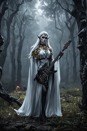 striking female elf,elf ear, stands center stage, embodying both ethereal beauty and dark majesty. She wears an ornate priestly robe in white and gold, its intricate embroidery depicting ancient elven runes and celestial symbols. The robe's high collar frames her face, accentuating her sharp elven features. Her face is adorned with elaborate corpse paint, stark white with black designs that highlight her otherworldly beauty and fierce expression. Long, silver hair cascades down her back, adorned with delicate golden leaves. In her hands, she wields a jagged electric guitar, its body crafted by master elven artisans. The guitar gleams with a dark, metallic sheen and is adorned with intricate carvings of mythical beasts. She stands on a misty forest stage, ancient trees looming in the background.