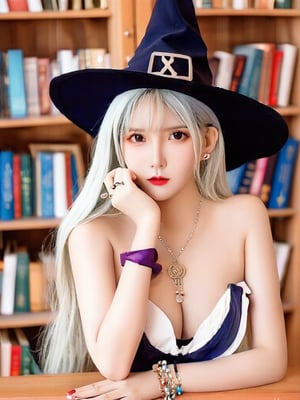 1girl, solo, long hair, breasts, looking at viewer, hat, cleavage, jewelry, monochrome, greyscale, earrings, necklace, bracelet, lips, fingernails, book, tattoo, witch hat, head rest, bookshelf, witch, library