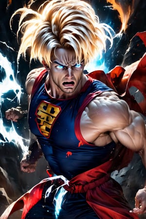 A solo shot of a powerful Super Saiyan, focusing on the male subject's upper body. He gazes directly at the viewer with piercing blue eyes, his mouth closed in a determined expression. His muscular physique radiates an aura of strength as glowing energy swirls around him. Spiky hair frames his serious face, furrowed into a scowl that conveys intensity and focus. The overall mood is one of quiet ferocity, as if he's preparing to unleash his full fury upon the world.