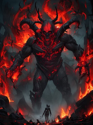 A towering creature with an ominous skull-like visage and long twisting horns emerges from the shadows, its muscular humanoid form is composed of dark greys and blacks, with stark accents of vivid red where the figure appears to disintegrate into embers and ashes, all against a moody backdrop of swirling dark reds, , , 