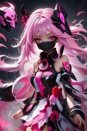 a girl with long hair that is half pink and half black, with dark eyes and wearing a mask