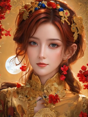 (1girl, face focus, medium shot, gracefully, golden petals and red flowers form intricate patterns against the backdrop of the moon, reminiscent of the styles of Yoann Lossel, Cyril Rolando, Nan Goldin, Lee Bontecou, and Loish), Detailed texture, High quality, High resolution, High precision, Realism, Color correction, Proper lighting settings, Harmonious composition, Behance Works,detail-rendering,Watercolor,Realistic Enhance,redhead