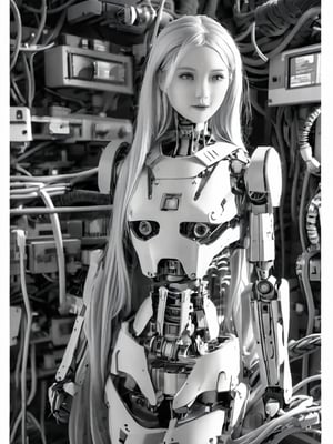 1girl, solo, long hair, monochrome, greyscale, robot, science fiction, cable, mechanical parts