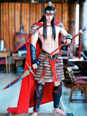 long hair, black hair, 1boy, holding, standing, weapon, male focus, barefoot, sword, cape, holding weapon, armor, muscular, colored skin, holding sword, helmet, staff, red cape