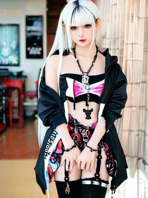 1girl, solo, long hair, looking at viewer, skirt, black hair, thighhighs, jewelry, standing, white hair, multicolored hair, pleated skirt, black thighhighs, hood, necklace, bracelet, two-tone hair, zettai ryouiki, hoodie, chain, ring, hood down, black nails, black hoodie, gothic