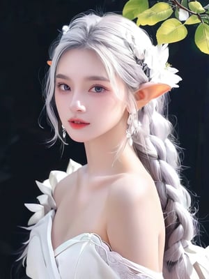 1girl, solo, long hair, breasts, looking at viewer, blush, simple background, hair ornament, white background, bare shoulders, jewelry, closed mouth, monochrome, upper body, braid, flower, greyscale, earrings, pointy ears, hair flower, from side, lips, eyelashes, leaf, elf