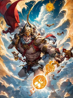 A mischievous Sun Wukong, the legendary Monkey King, wreaks havoc in heavenly surroundings. In the image, Sun Wukong's fur shines with a golden sheen, his mischievous eyes gleaming with excitement. Clutching his magical staff, he swings through the clouds, leaving chaos in his wake. The painting captures the dynamic energy of the scene, with vibrant colors and intricate details bringing the mythological character to life. This high-quality artwork immerses viewers in the fantastical world of Chinese folklore.