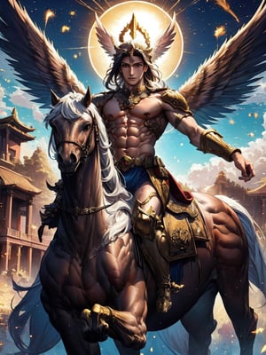 Visualize Kuda Sembrani, the legendary winged horse of Nusantara, soaring through the sky with its majestic wings spread wide. Show the horse with a sleek, muscular body, shimmering coat, and powerful wings glinting in the sunlight. The background should include a dramatic skyline, with clouds and particles creating a sense of motion and freedom. Capture Kuda Sembrani in mid-flight, perhaps against a backdrop of a historic temple or a grand royal procession, emphasizing its role in myth and legend.