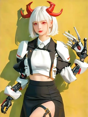 1girl, solo, breasts, looking at viewer, short hair, bangs, skirt, simple background, red eyes, white hair, pleated skirt, horns, black skirt, yellow background, zipper, green background, mechanical arms, single mechanical arm