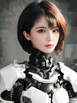 1girl, solo, looking at viewer, short hair, monochrome, greyscale, portrait, cyborg