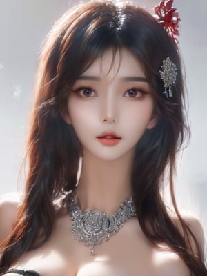 a breathtakingly glamorous korean girl with intricate facial features emanating mesmerizing beauty adorned with necklace and head ornament, feminine, long hair, very long hair, ek_art_b00ster, absurdres, bright large eyes, ulzzang, large breast, monochome, greyscale, pencil sketch, charcoal rendering