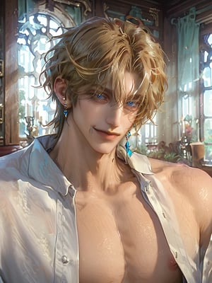 solo, looking at viewer, smile, short hair, blue eyes, blonde hair, shirt, 1boy, jewelry, closed mouth, nipples, upper body, male focus, earrings, open clothes, window, open shirt, pectorals, realistic, bare pectorals