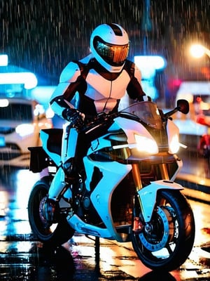 solo, 1boy, male focus, night, glowing, helmet, robot, ground vehicle, glowing eyes, motor vehicle, science fiction, rain, city, car, motorcycle