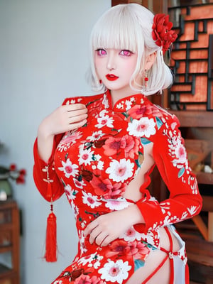 1girl, solo, breasts, looking at viewer, short hair, bangs, hair ornament, long sleeves, dress, medium breasts, braid, flower, white hair, sidelocks, cowboy shot, parted lips, hair flower, pink eyes, from side, makeup, chinese clothes, floral print, red dress, lipstick, red flower, tassel, china dress, red lips