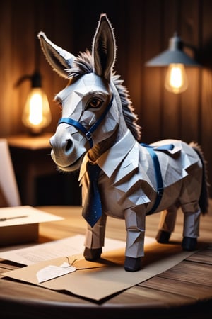  donkey made of paper, cat with tie, close up, textured paper, on wooden table, fluorescent, glowing dust